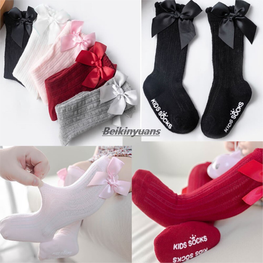 Calcetines largos antideslizantes con lazo para niña, medias hasta la rodilla de princesa, de algodón, para bebé