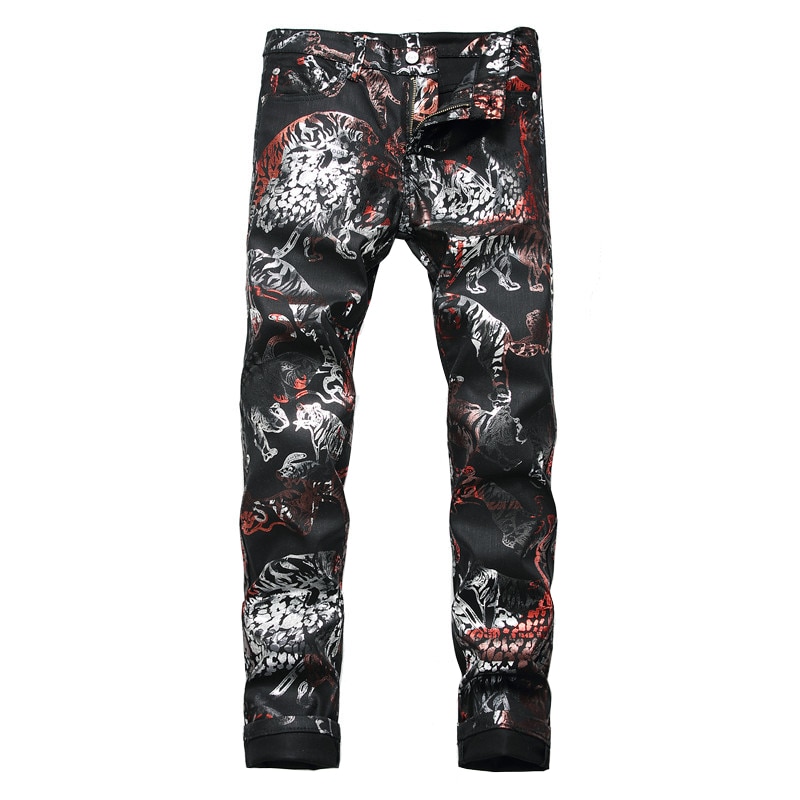 Sokotoo mannen tiger animal gedrukt coated jeans slim fit black geschilderd stretch broek