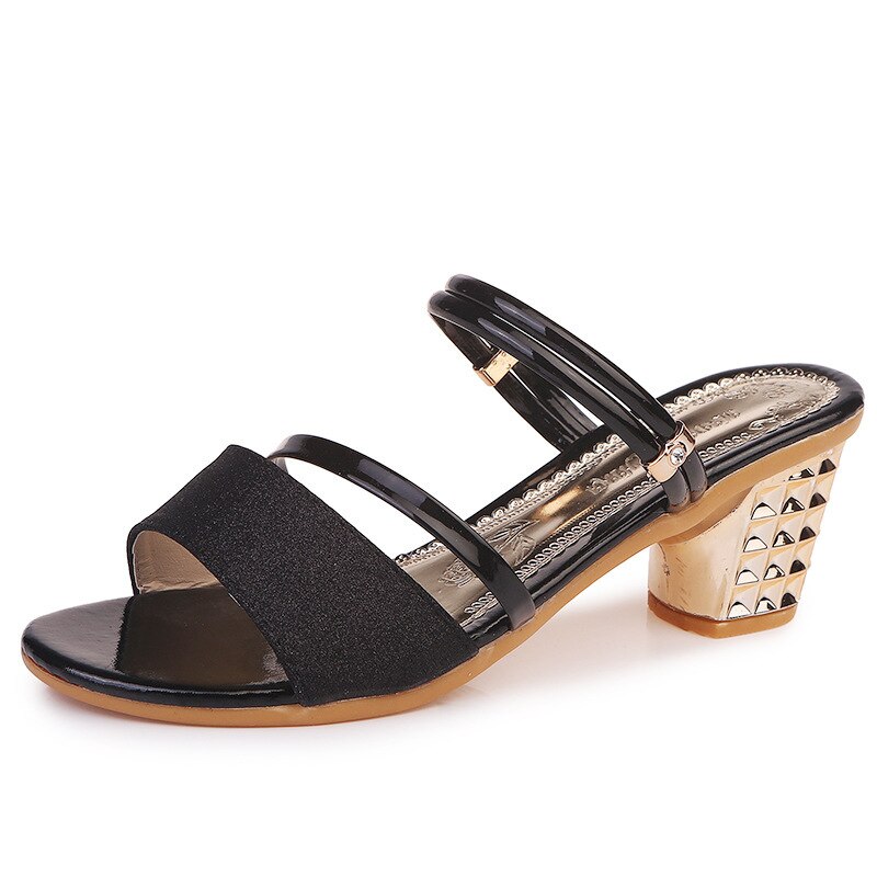Guld kvinder pumps sandaler sommer åben tå høje hæle lav blokhæl sko gladiator ankelrem høj gladiator kvinder sandaler: Sort / 40