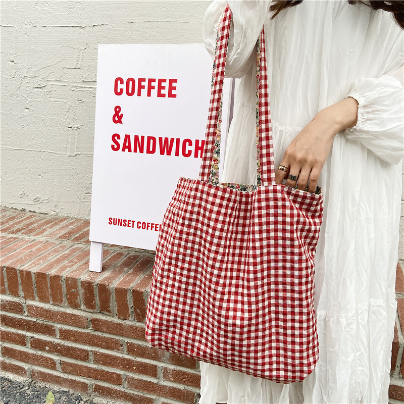 lässig Plaid Blume Frauen Einkaufstasche Große Kapazität Damen Täglichen Tote Handtaschen Baumwolle Tuch doppelseitige Mädchen Schulter Taschen