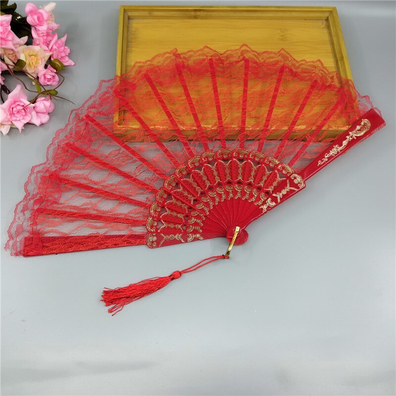 23cm Thin Lace Fan Plastic Bone Hand Fan Art Craft Lolita Japanese Sweet Girl Dance Photo Props Wedding Party Decoration: Red tassel