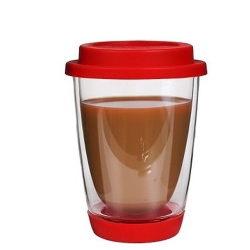 Dobbelt vegg glass verres Helle boire kaffekrus varmebestandig drikkeglass kopp med silisium lokk og utgangspunkt verre dobbel paroi: Rød