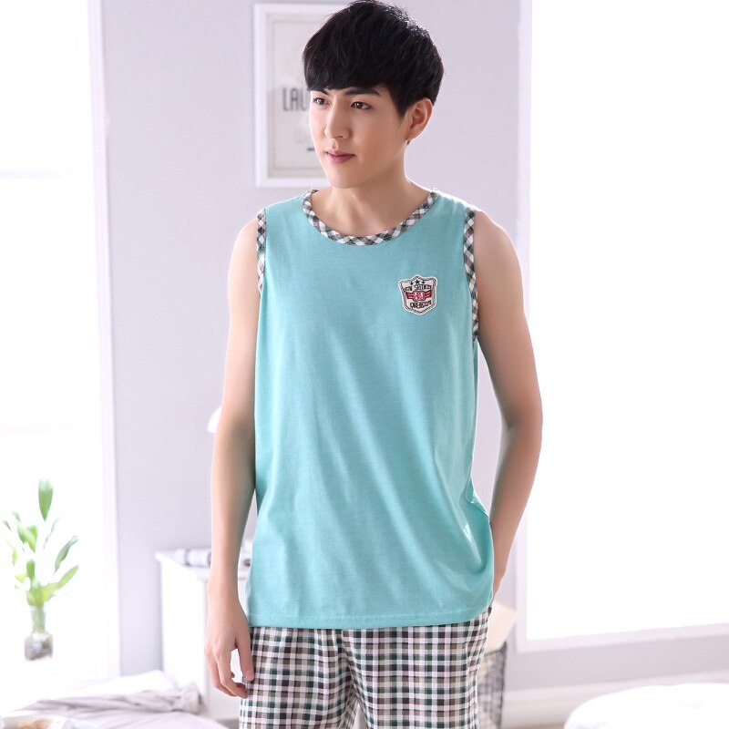 Summer Men Pajamas Home Clothing Sleeveless Vest Pyjamas Shorts Sleepwear Male Thin Cotton Sleep Lounge M-4XL Size: XXXL