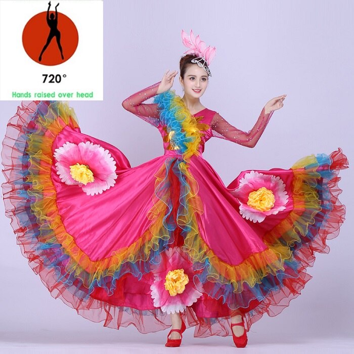Moderne spansk tyrefægtning balsal dans kjole nederdel lang kjortel flamenco fille nederdele rose flamenco kjoler til kvinder piger  dl3476: 720 grader / M