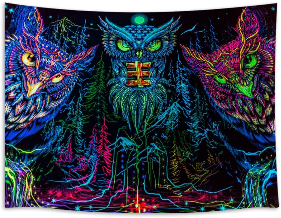 Psychodeliczny sowa Trippy las rysunek kreskowy gobelin księżyc zwierząt ptak Blacklight zawieszony na ścianie koc dla domu estetyczny wystrój pokoju