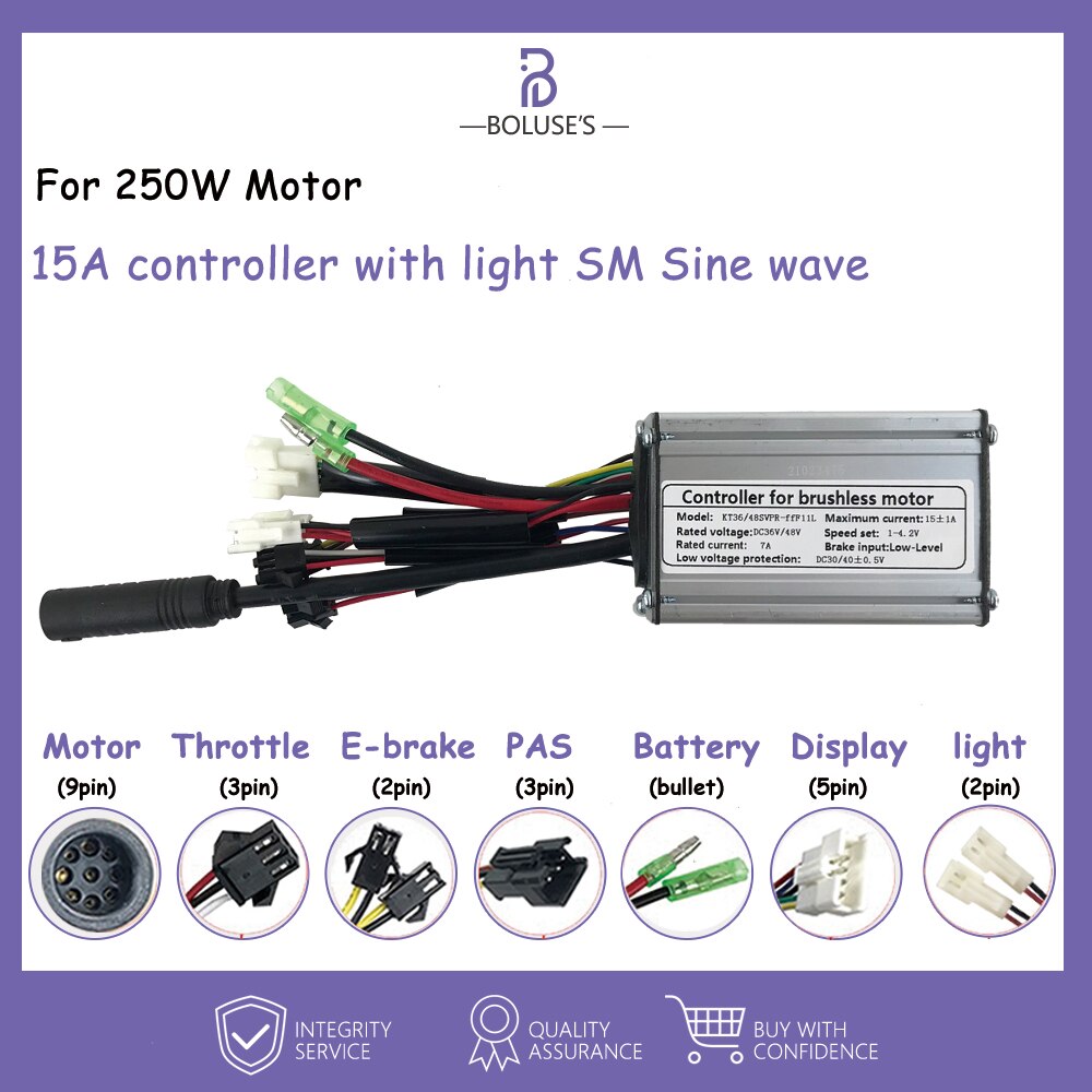 Ebike Controller Kt Sinus Controller Voor 250W-1000W Wiel Motor Controller Borstelloze Motor Controller Met Sm/waterdichte Stekker: KT-15A SM Sinewave