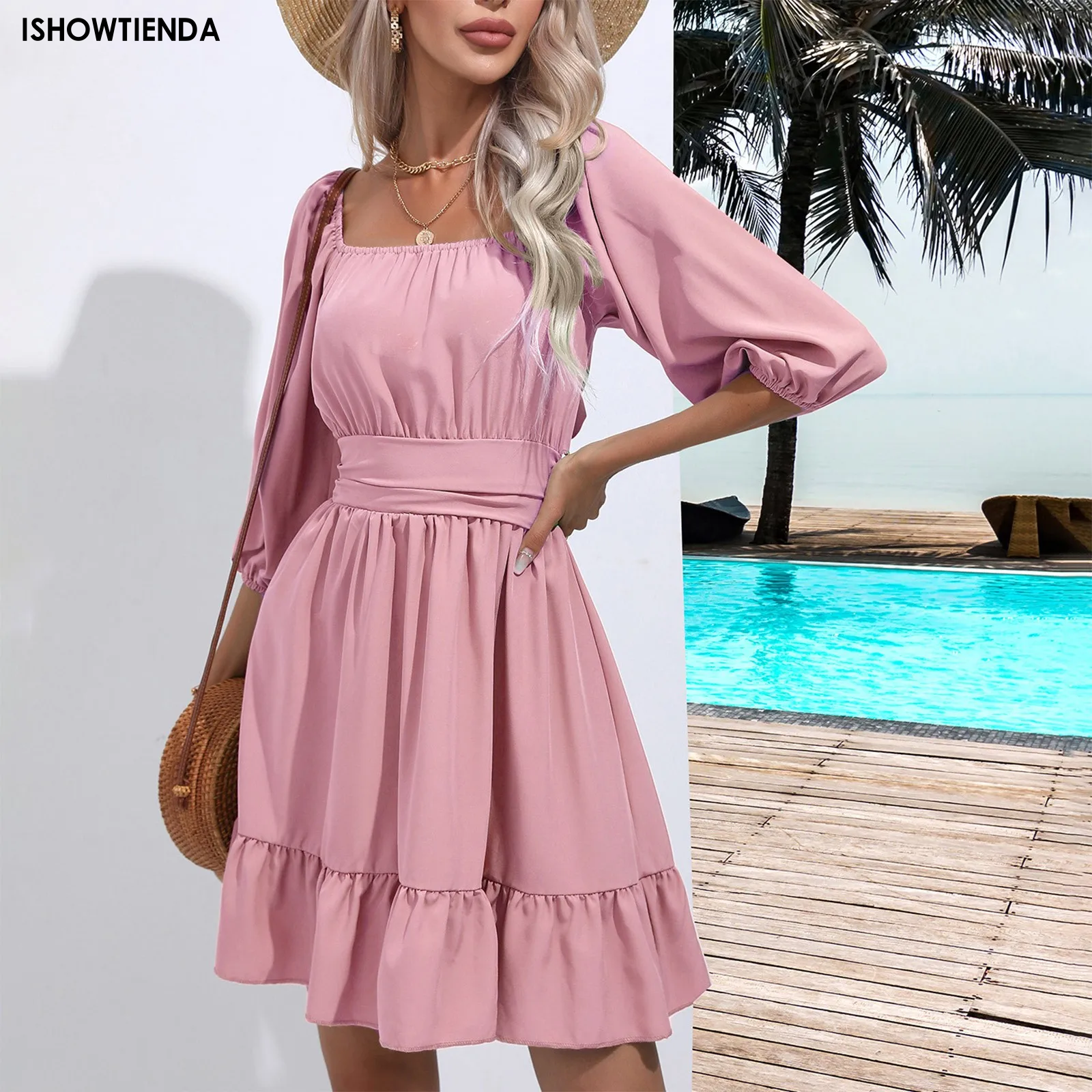 Summer Women Dresses Square Collar Bohemian Ruffles Elastic Above Knee Mini Dress Half Sleeves Vintage Gothic Dress Vestidos