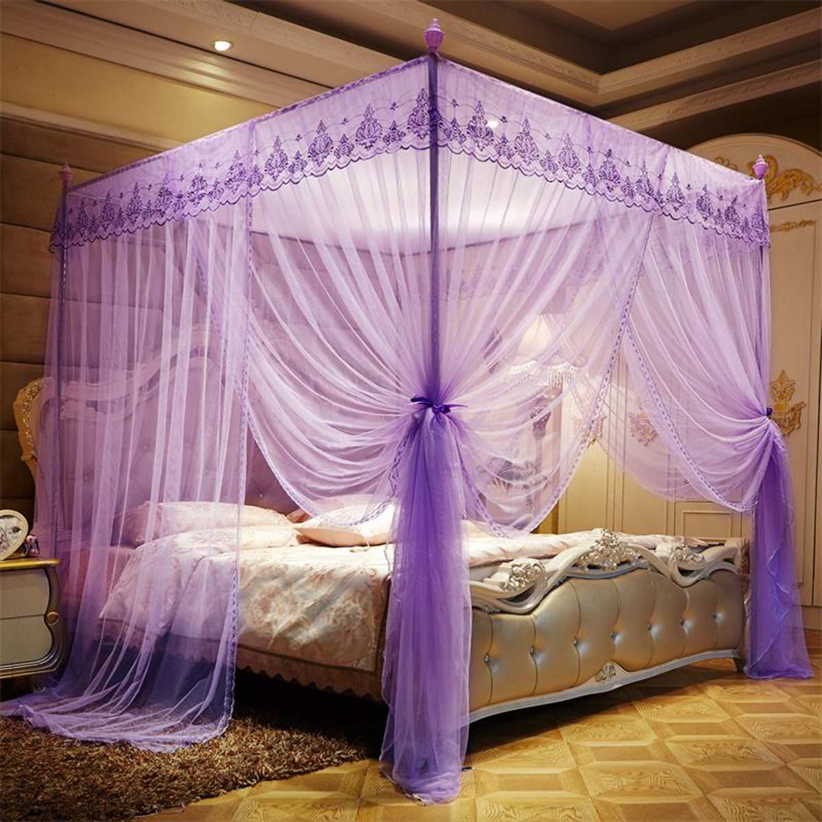 Mosquito Net Pink Purple For Double Four Corner Bed Post Bed Canopy Mosquito Net Full Queen King Size Bedding: Purple