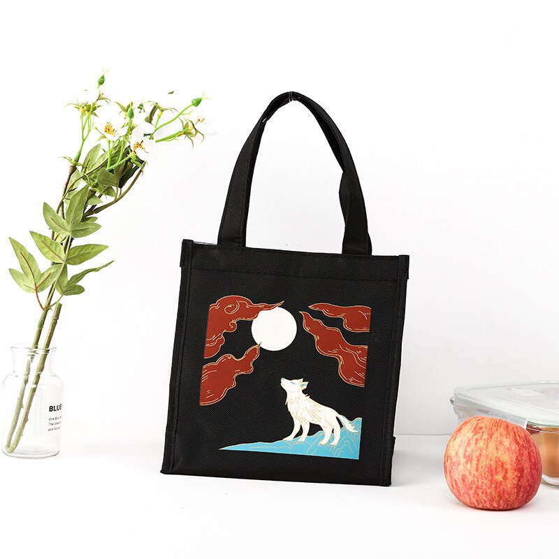 Inkt Stijl Dieren Draagbare Rits Waterdichte Lunch Zakken Vrouwen Student Lunchbox Thermo Zakken Kantoor School Picknick Koeler Voedsel Zak: Black