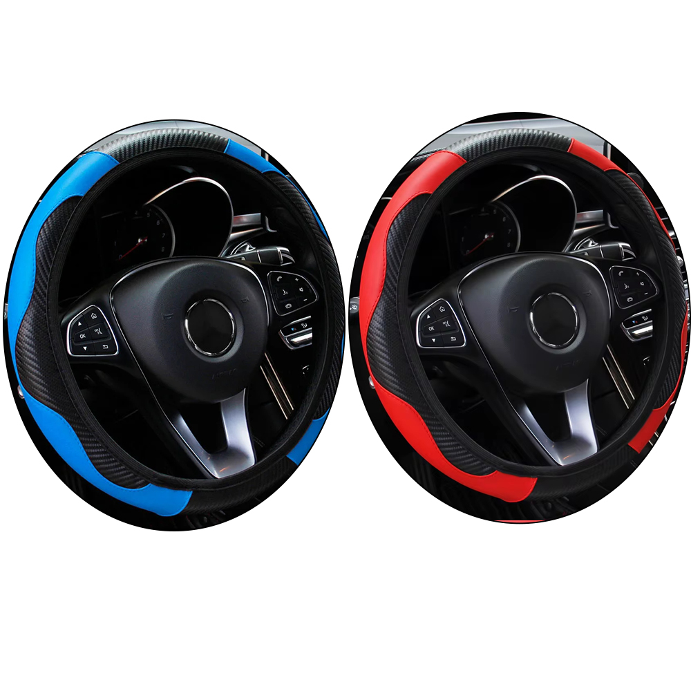 Bil rat dæksel åndbar anti-slip pu læder styretæpper egnet 37-38.5cm auto dekoration kulfiber