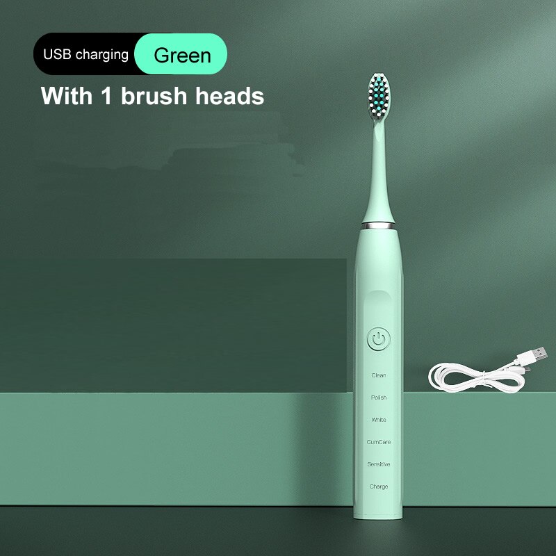 gollinio Sonic Electric Toothbrush Adult Timer Brush 5 Mode USB Charger Rechargeable Tooth Brushes Replacement Heads Set GL12A: GL12Green1H