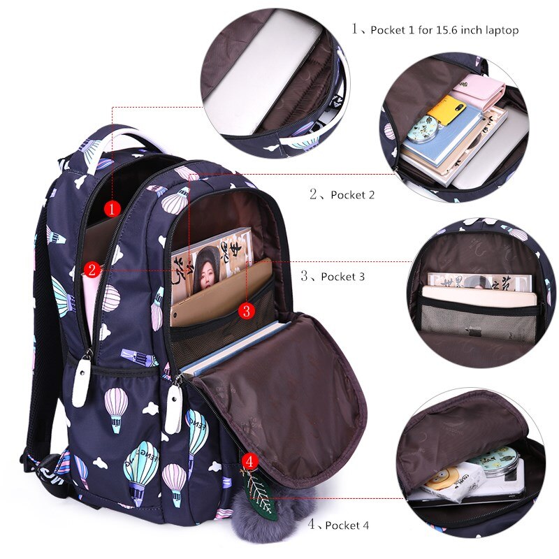 Okkid Kids Leuke Roze Bloemen Rugzak Student Schooltassen Voor Meisjes Bont Bal Vrouwelijke Laptop Rugzak 15.6 Kind Reizen tas