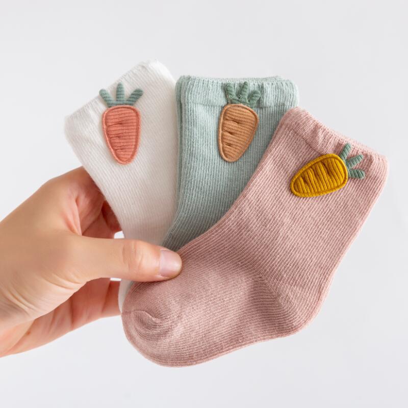 3Pairs Kids Cartoon Sokken Dier Fruit Baby Sokjes Effen Kleur Zachte Katoen Meisje Jongen Korte Sokken Voor Baby peuter 6-12M: carrot
