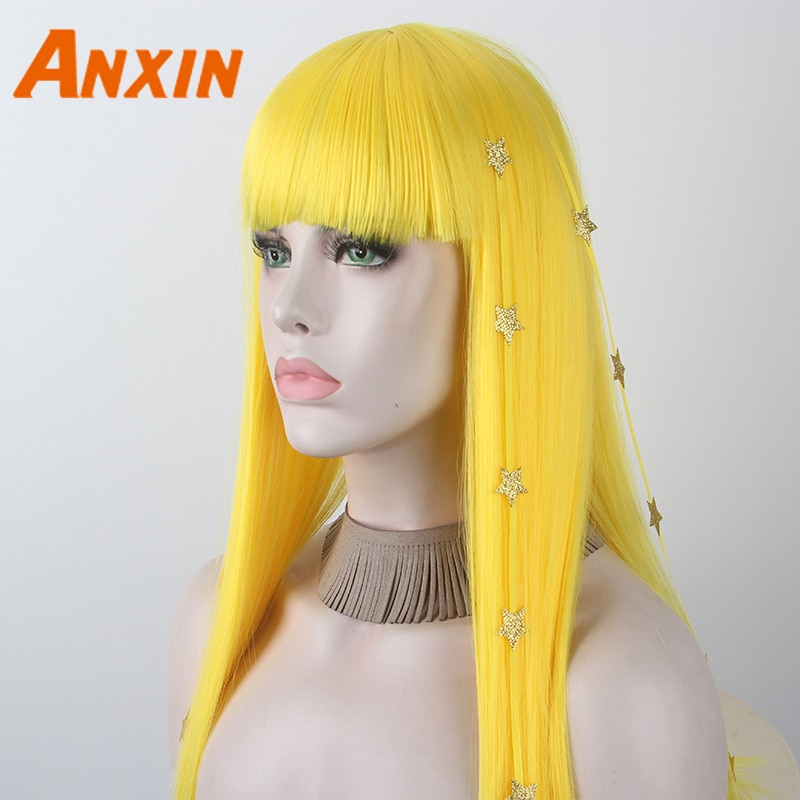 Anxin-peluca sintética de fibra sintética para mujer, pelo amarillo con flequillo de pentagrama de Color sólido, de alta temperatura Seda, , a juego