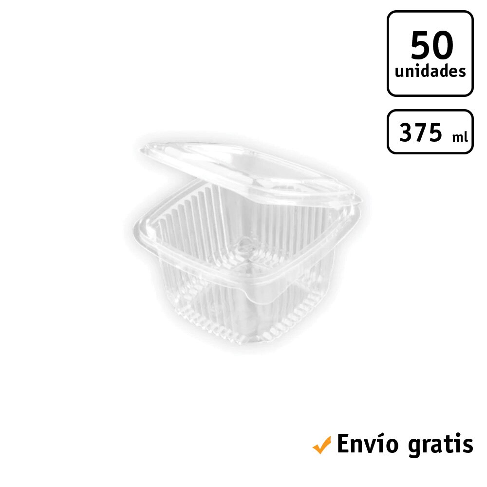 TELEVASO - Envase rectangular con tapa bisagra para comidas frías - Polietileno (PET) transparente, recipiente hermético: Envase Bisagra Rectangular 375 ml (50 Uds)