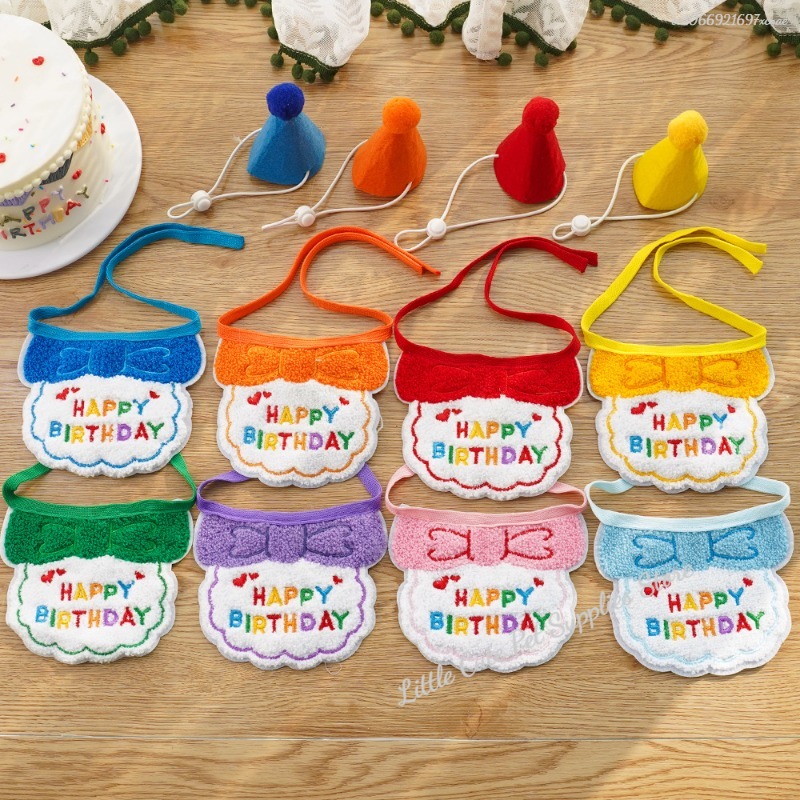 Chapéu de aniversário de gato e babador com bandana ajustável, Roupa doce do aniversário do animal de estimação, Cachecol de gatos