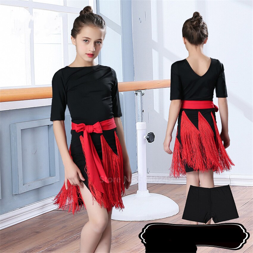 Latinsk dansekjole pige kvast nederdel latinsk salsa børn balsal kjoler halværmet frynser samba karneval kostumer tango børn: Farve 1 / Højde 170cm