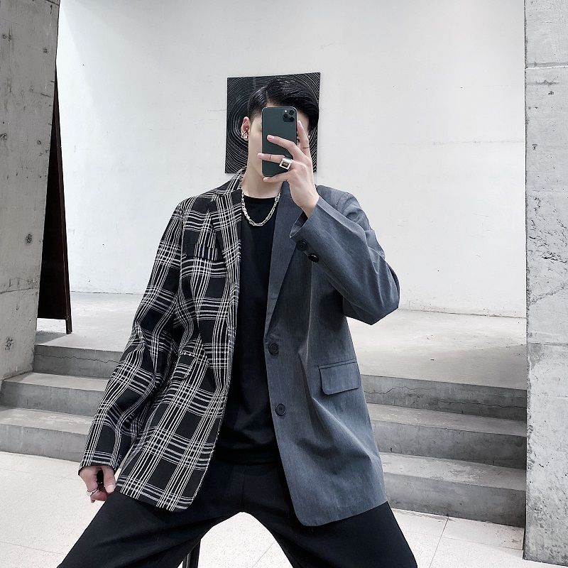 Iefb / herretøj kontrastfarve grå plaid print blazere personlighed all-match løs jakke frakke stor størrelse efterår   y4103