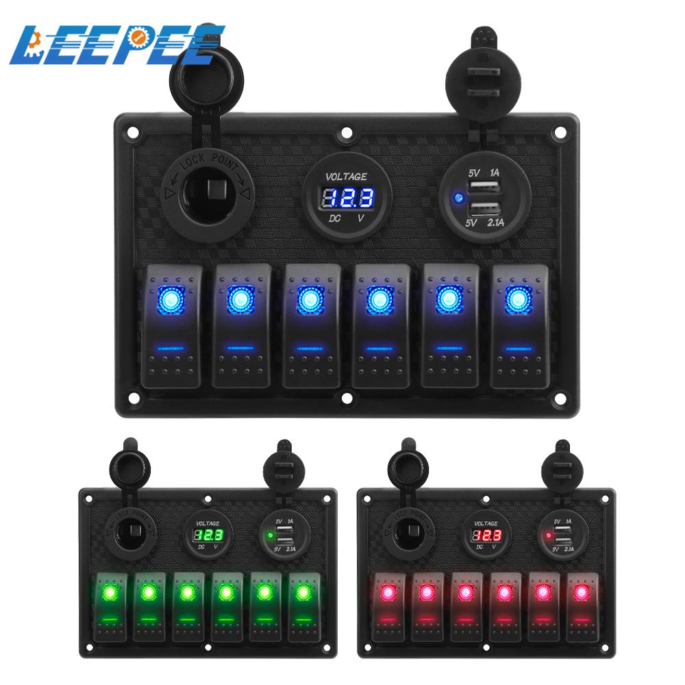 4.2A Dual Usb Slot Socket 6 Gang Rocker Switch Panel Geen Zekering Digitale Voltage Display Waterdicht