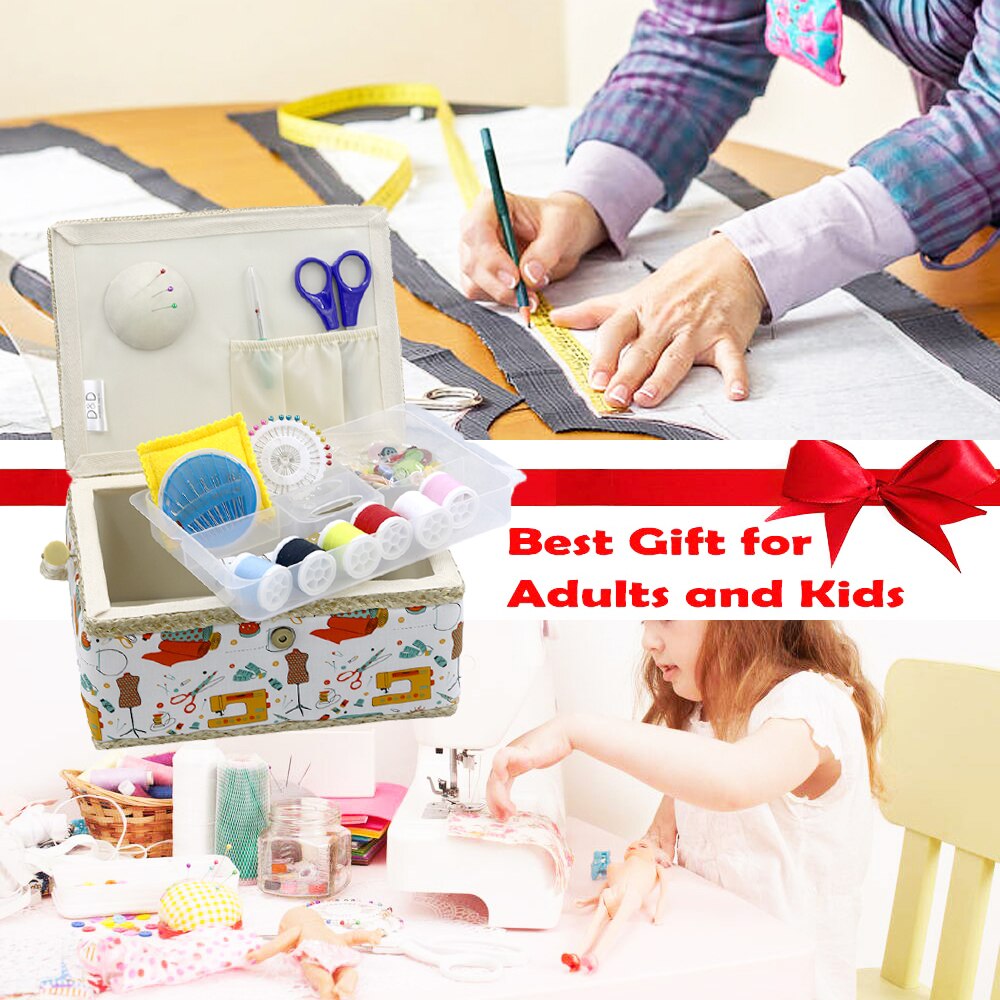 Home Sewing Storage Basket with Sewing Tool Accessories Cotton Fabric&amp;Wood Crafts Storage Box Sewing Kits for Mother