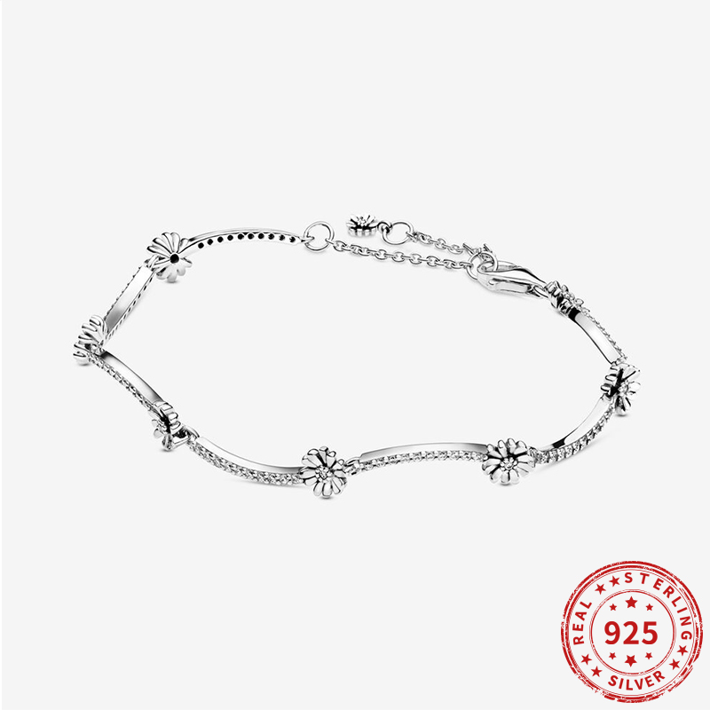 Real 925 sterling Silver Zircon Sparkling Daisy Flower Bracelet Fit original Pan bead charm Women Bracelet Jewelry