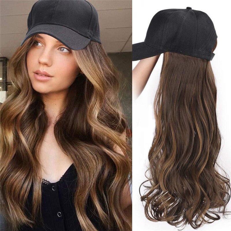 Long Synthetic Baseball Cap Hair Wig Natural Black / Brown Wavy Wigs Naturally Connect Synthetic Hat Wig Adjustable For Girl: Mixed Brown