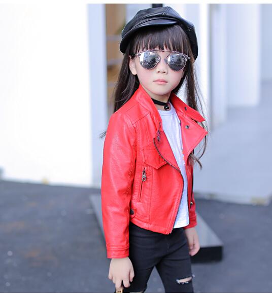 girls pu jacket rivet zipper cool jacket Leather clothing for girls 5-13 years oldClassic collar zipper leather motorcycle: red / 11T
