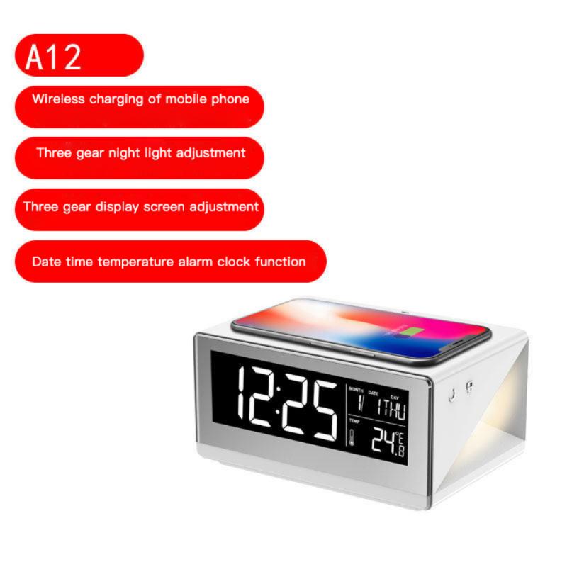 Wireless Phone Charging Digital LED Alarm Clock Radio Alarm Clock Speaker Display Home Decor Table Clock Despertador Night Light: UK A12