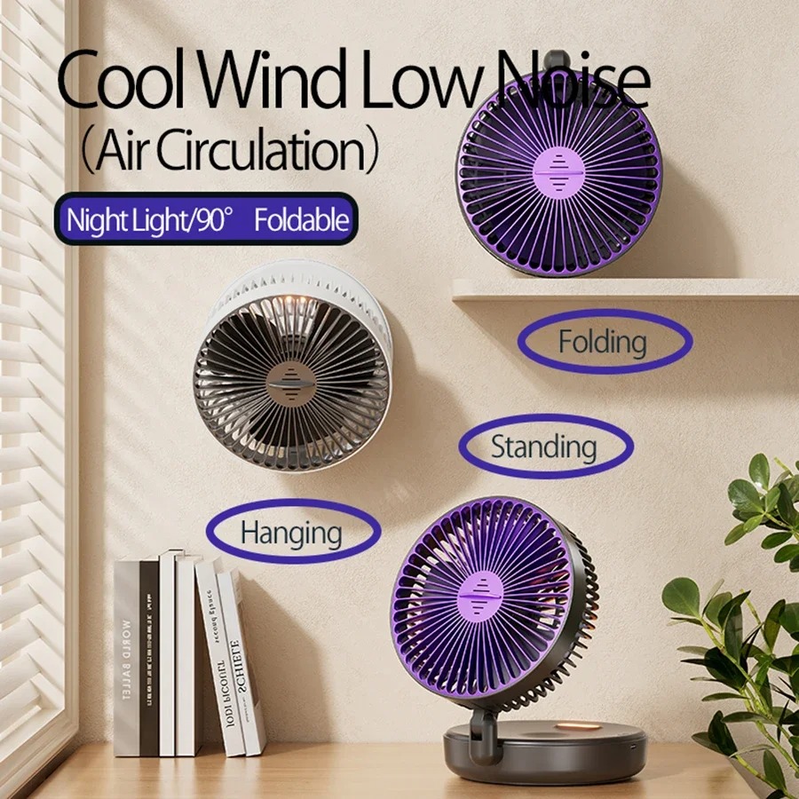 Opvouwbare Oplaadbare Ventilator Muur Gemonteerde Ventilator Plafond Ventilator Luchtcirculatie Ventilator Met Led Licht