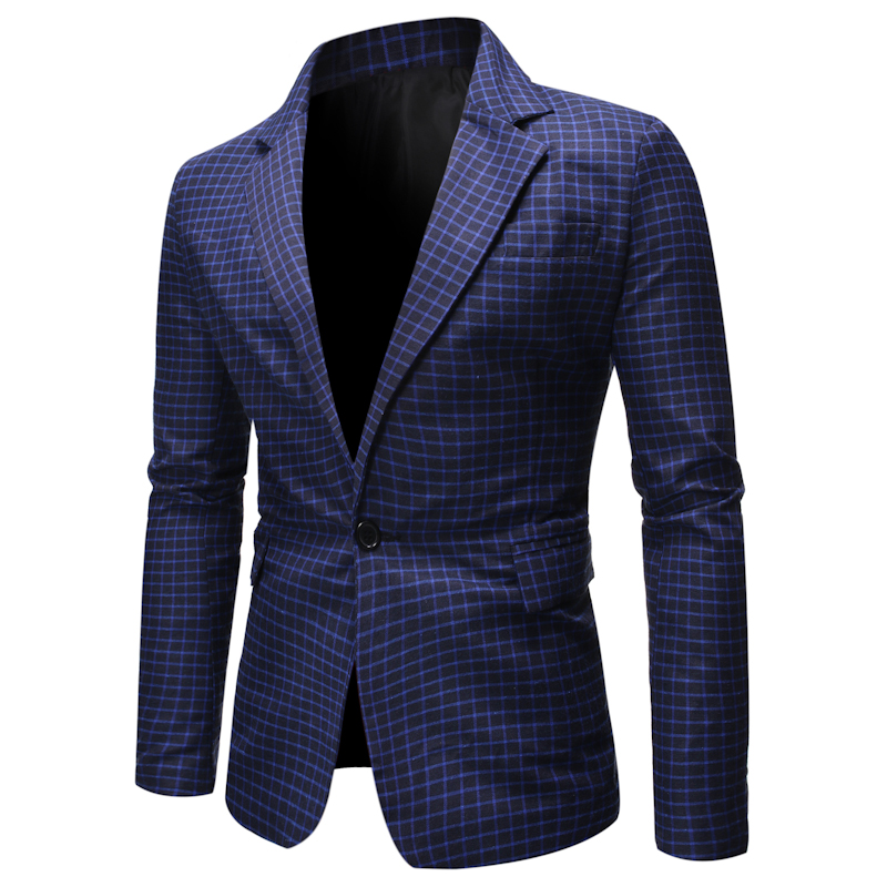 Blazer de costume à carreaux pour hommes, printemps , Slim Fit, un bouton, revers cranté, robe de costume, veste Masculino: Blue Plaid / US Size XXL