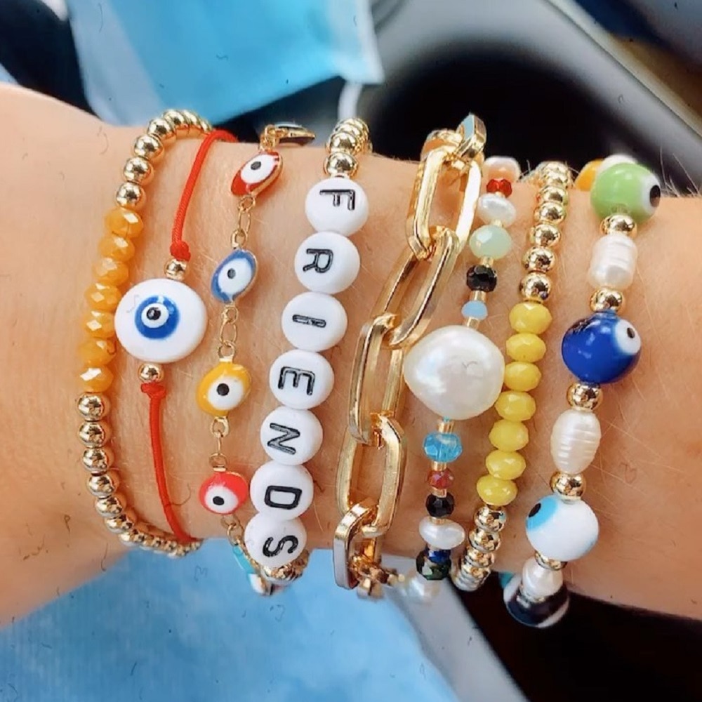 Go2Boho Evil Eye Bracelet Letter Bracelets For Women Trendy Jewellery Freshwater Pearl Pulsera Gold Color Beaded Jewelry