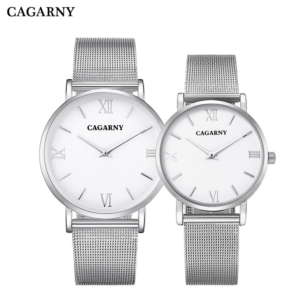 Cagarny Ultra-Dunne Horloge Mannen Vrouwen Rvs Mesh Band Rose Gold Horloges Lover &#39;S Koppels horloge: silver white