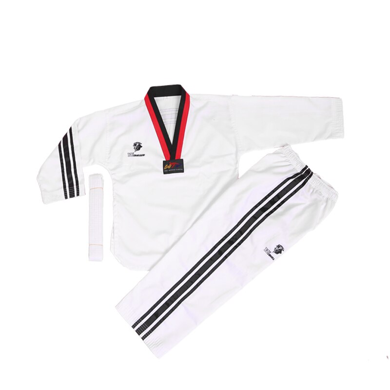 Man Vrouw Kind Kids Wit Dobok Taekwondo Judo Uniformen Karate Lange Mouw Pak Tkd Kleding Rood Zwart Borduurwerk Patroon