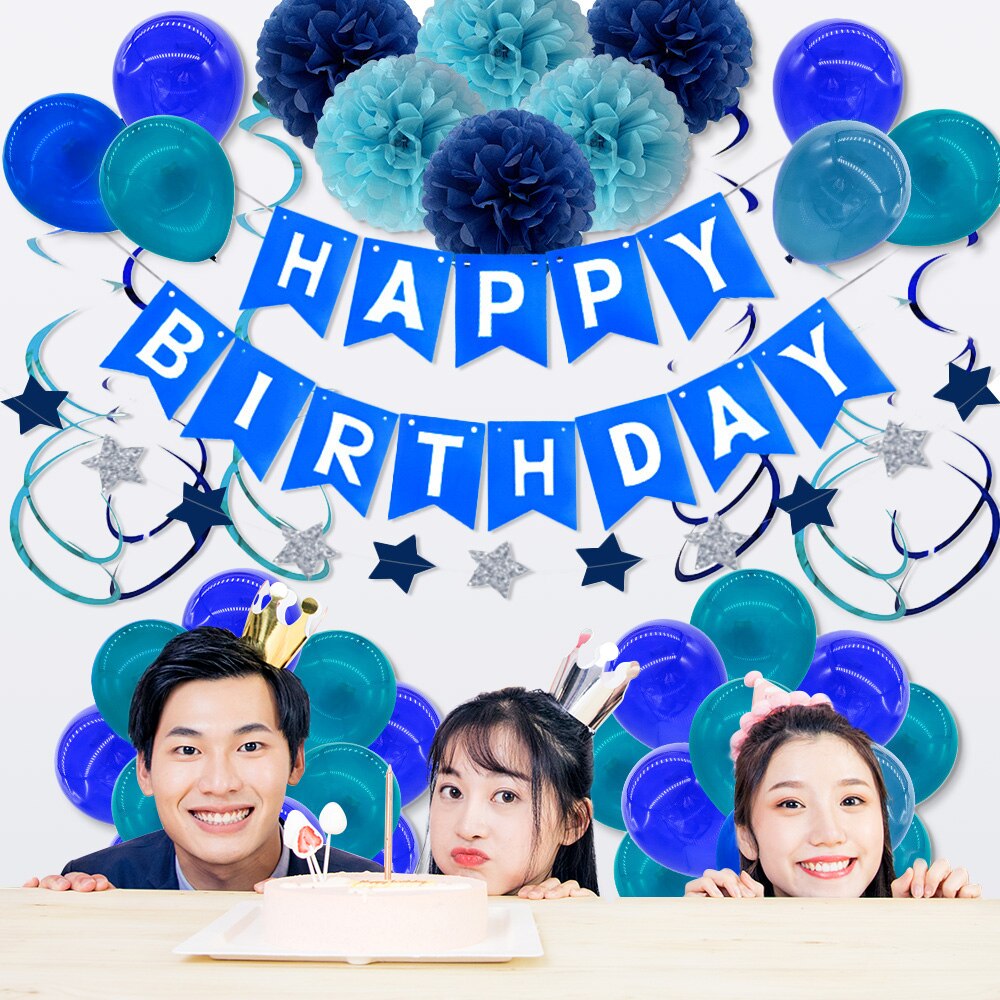Birthday Decoration Set Blue Theme Color Balloon Spiral Hanging Decoration Star Flag And Paper Ball Colored Shaped Balloon