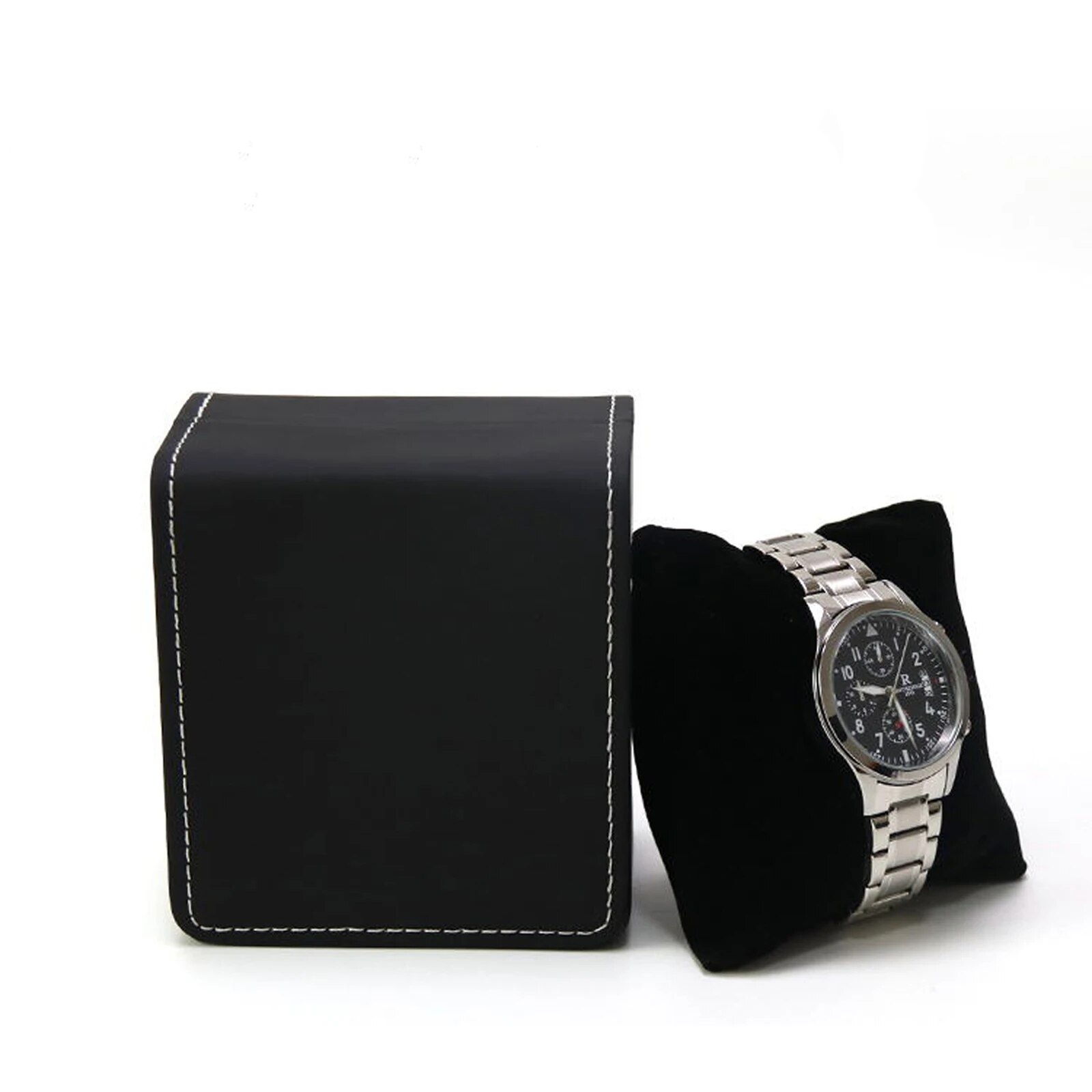 Caja de para reloj individual con almohada, organizador de vitrina de reloj de pulsera de cuero PU para hombres
