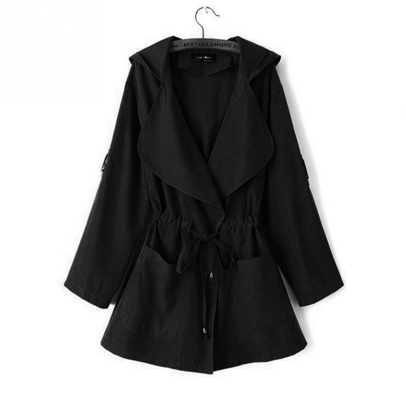 Herfst dames casual capuchon windjack jas omslagkraag overjas bovenkleding jas effen kleur trenchcoat riem slanke tops jas: Zwart / Xl