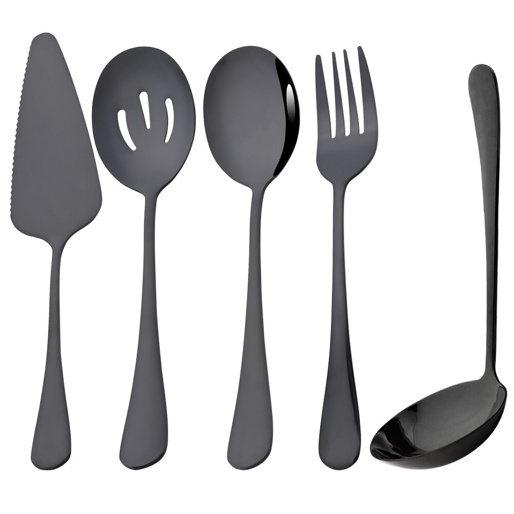 5Pcs Rainbow Stainless Steel Cutlery Serving Utensils Dinnerware Set Buffet Catering Serving Colander Spoons Fork Silverware Set: Black