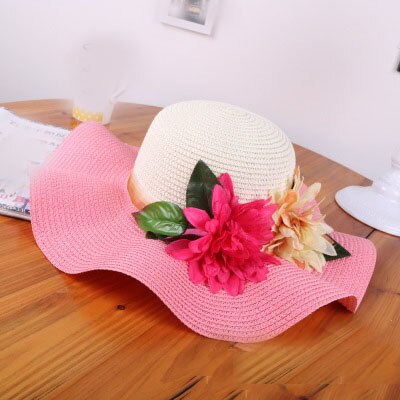 Sombrero de paja con flores para madre e hija, sombrero flexible de ala ancha para playa, verano,: Pink