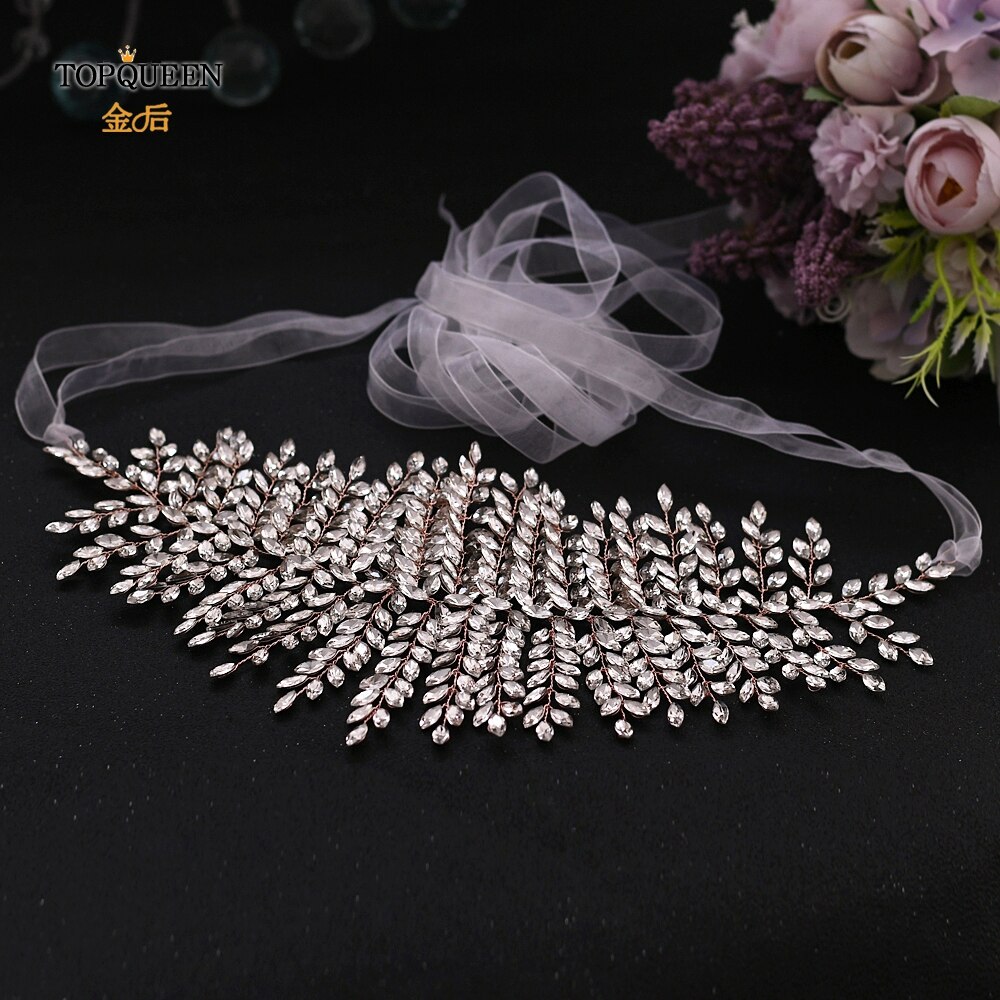 TOPQUEEN Rose Gold Jeweled Belt Wedding Dress Belt Rhinestone Belts for Women Formal Belt for Women Dresses Bridal Sash SH238-RG: white organza