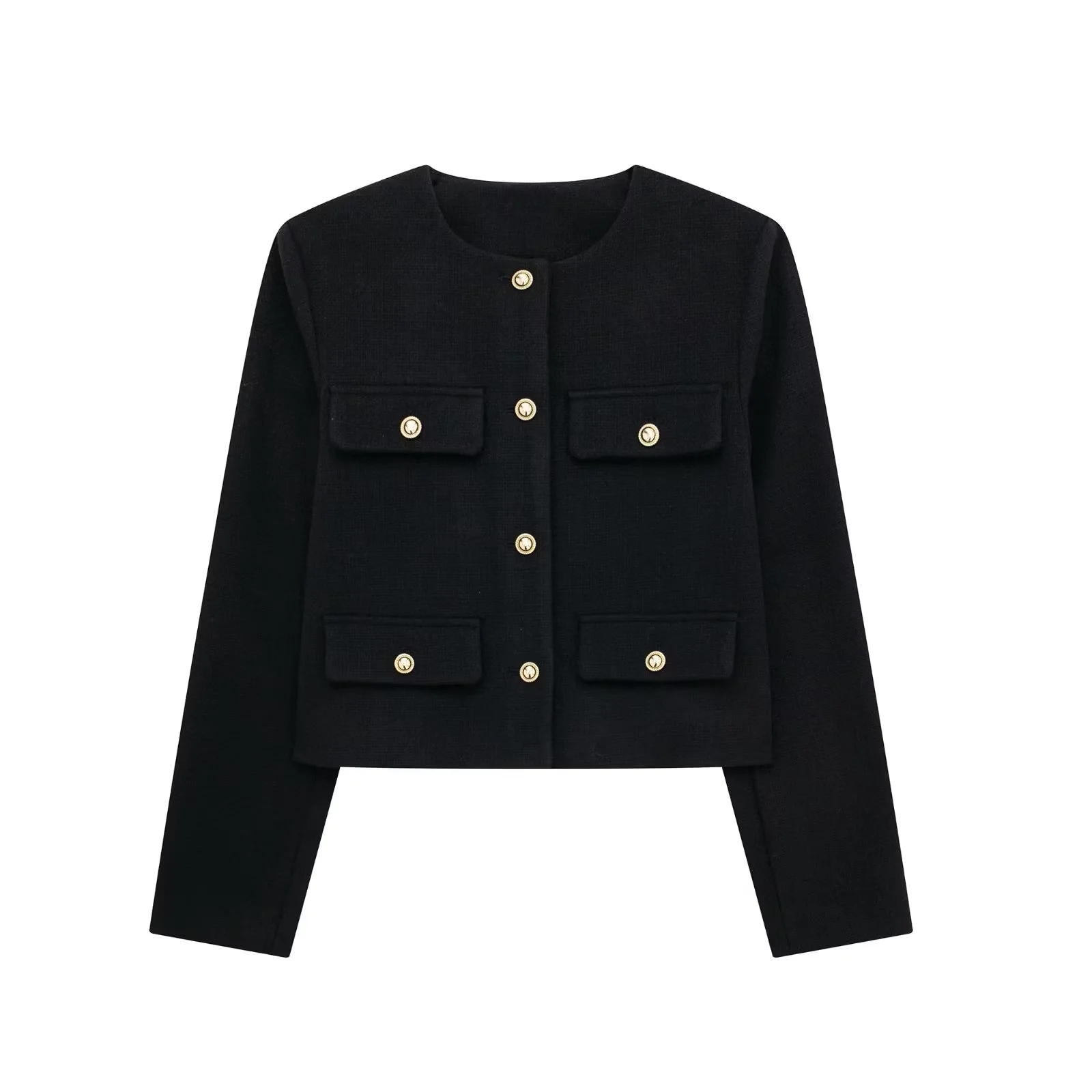 TRAFZA Giacca corta elegante da donna 2024 Giacca moda da donna O-Collo a maniche lunghe con tasca ribalta Cappotto femminile Casual Outwear Top