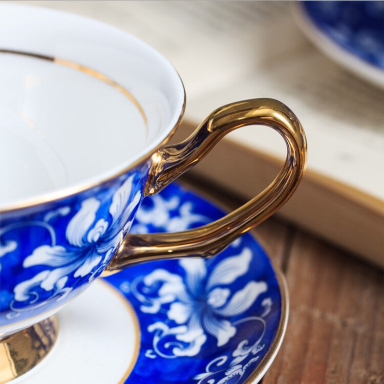 High-grade bone china coffee cup dish blue and white ceramic high afternoon tea coffee mug Chinese style tea cup