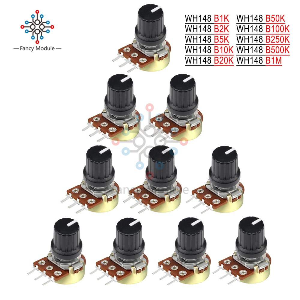 10Pcs Potentiometer Weerstand 1K 5K 10K 20K 50K 100K 500K Ohm 3 pin Linear Taper Rotary Potentiometer Voor Arduino Met Cap