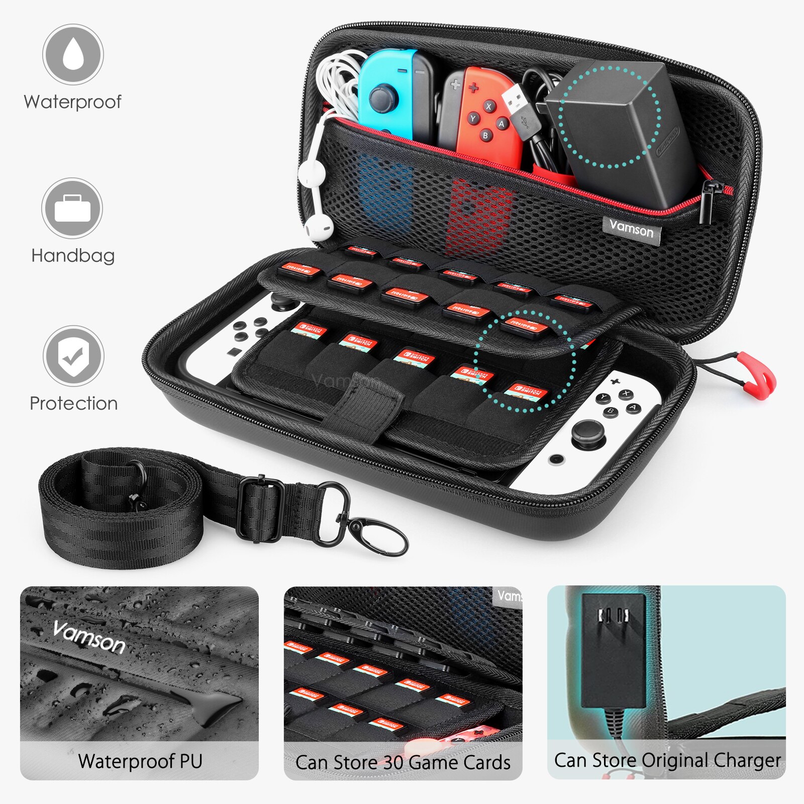 Vamson Waterdichte Draagtas Pu Voor Nintendo Switch Oled Reizen Beschermhoes Opslag Draagtas Accessoires Kit