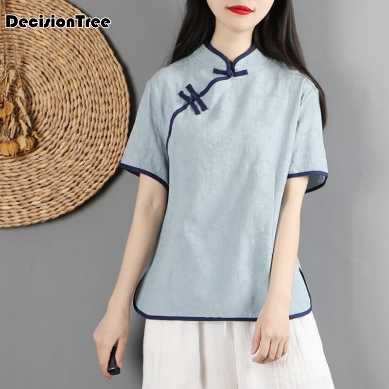 Qipao chino tradicional para mujer , top de algodón de manga corta y lino, tops de hadas hanfu, camisa tang vintage de encaje chino