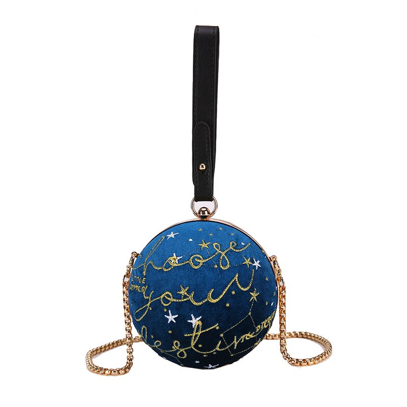 Stickerei Sterne Cord Runde Ball Tasche Partei Handtasche Schulter Tasche Crossbody Mini Umhängetasche Weibliche Bolsa Armband Tasche: Blue