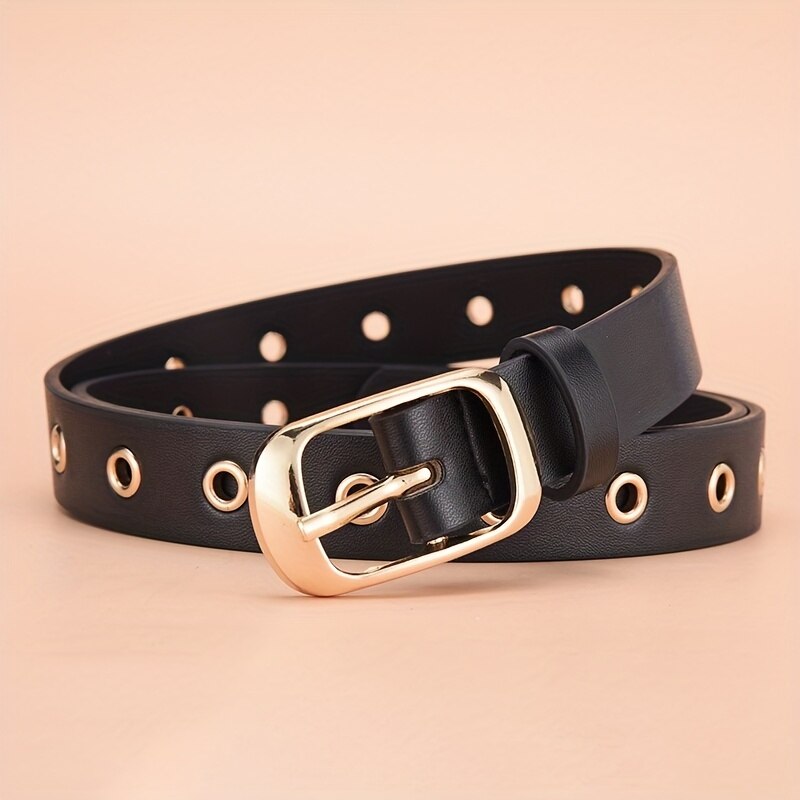 1pc Cintura da donna nuova Cintura con occhielli in metallo alla moda Cintura in pelle PU cava senza punzonatura abbinata a cintura jeans per uomo e donna: nero