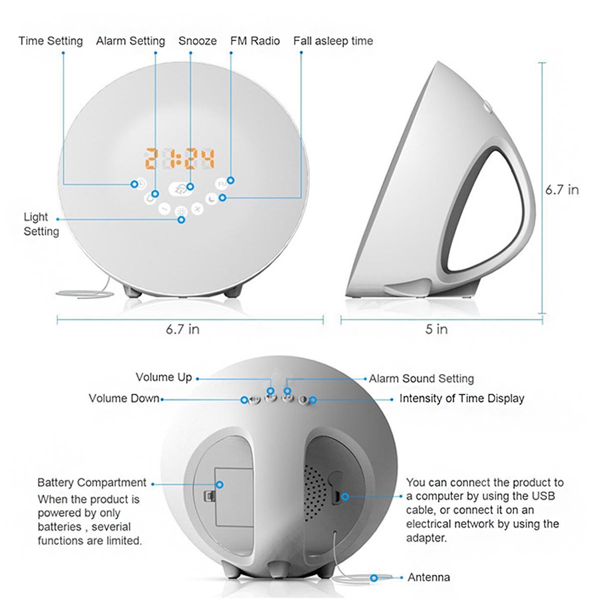 LED Licht Digital Wecker Wake Up Licht Alarm Usb-schnittstelle Digitale Uhr FM radio Klingt Funktion 7 Farben Licht