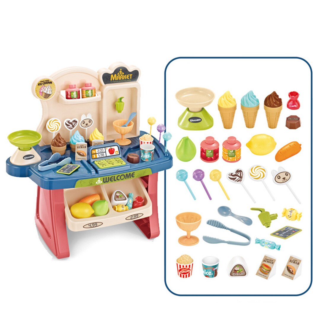 30Pcs Kinderen Pretend Play Simulatie Supermarkt Winkelen Speelgoed Kassa Speeltoestel Voor Kinderen Educatief Speelgoed-Blauw Roze
