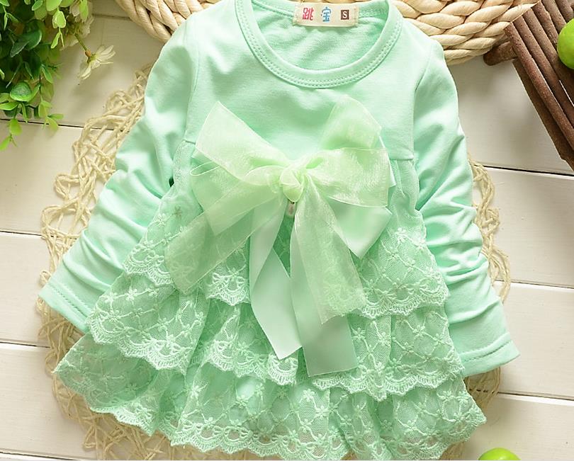 Modellen herfst strik kind katoenen lange mouwen kant shirt meisjes t-shirt: Lichtgroen / 12m