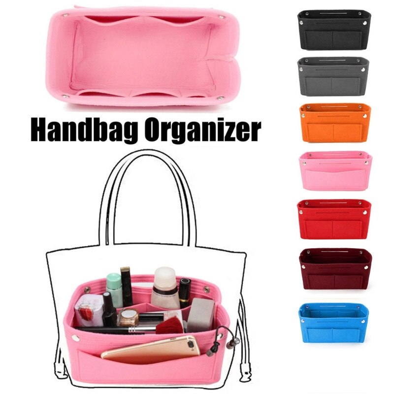 Bolsa interior rosa de tela de fieltro a la para mujer cabe en el bolso inserto Almacenamiento de bolsas cosméticas multibolsillos organizador de cosas personales